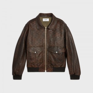 Celine Aviator Blouson In Embossed Leather Donkerbruin | CL-591928