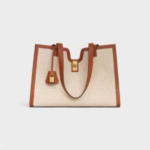 Celine Cabas In Textiel And Calfskin 16 Beige Bruin | CL-593253