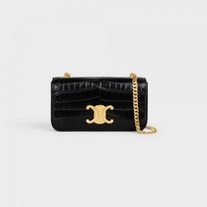 Celine Chain Shoulder Bag In Niloticus Crocodile Triomphe Zwart | CL-593235