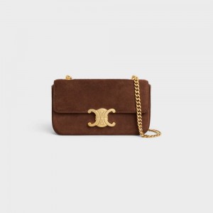 Celine Chain Shoulder Bag In Suede Calfskin Triomphe Bruin | CL-593229