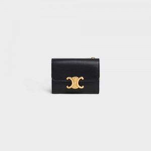 Celine Compact With Coin Triomphe In Shiny Calfskin Portefeuille Zwart | CL-592979