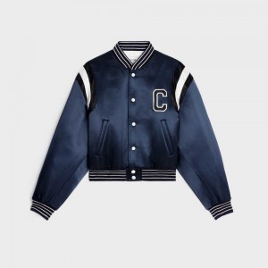 Celine Cropped Bomber In Thick Satin Jassen Donkerblauw | CL-592681