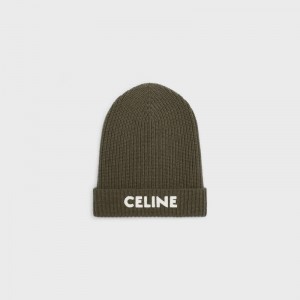 Celine Embroidered Beanie In Geribbeld Felted Wol Hoed Khaki | CL-591716