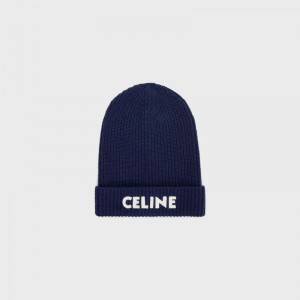 Celine Embroidered Beanie In Geribbeld Felted Wol Hoed Donkerblauw | CL-591715