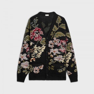 Celine Floral Embroidered Cardigan In Wol Gebreide Kleding Zwart | CL-592088