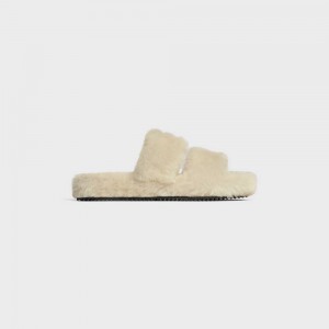 Celine Fur Slides Triomphe Open Slides In Shearling Loafers Beige Beige | CL-592538