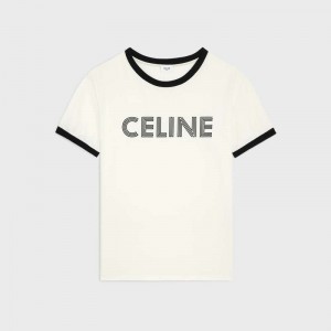 Celine Loose In Katoenen Jersey T-shirt Wit Zwart | CL-592125