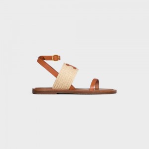 Celine Lympia Platte Riemen In Raffia & Calfskin - Vegetal Tanning Sandalen Beige Bruin | CL-592577