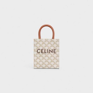 Celine Mini Vertical Cabas In And Calfskin With Print Triomphe Canvas Wit | CL-593136