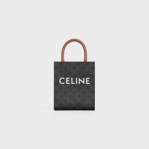 Celine Mini Vertical Cabas In And Calfskin With Print Triomphe Canvas Bruin | CL-593134