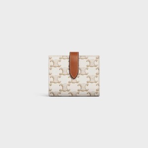 Celine Small Riemen Essentials In Triomphe Canvas And Lambskin Portefeuille Wit Bruin | CL-592988