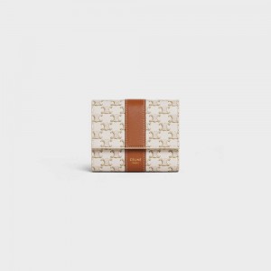 Celine Small Trifold In Triomphe Canvas And Lambskin Portefeuille Wit Bruin | CL-593005