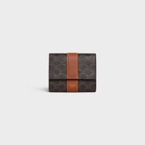 Celine Small Trifold In Triomphe Canvas And Lambskin Portefeuille Bruin | CL-593003