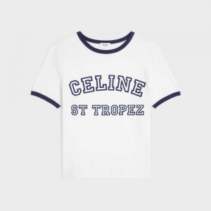 Celine St Tropez 70 S In Katoenen Jersey T-shirt Wit Donkerblauw | CL-592780