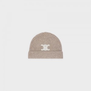 Celine Triomphe Embroidered Beanie In Seamless Cashmere Hoed Bruin | CL-592369