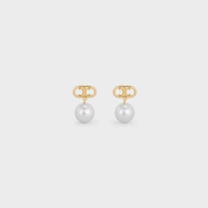 Celine Triomphe Pearl In Brass With Gold Finish And Glass Pearls Oorbellen Goud Wit | CL-592298