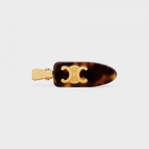 Celine Triomphe Platte Hair Clip In Dark Havana Acetate And Brass With Gold Finish And Steel Haaraccessoires Goud | CL-592322