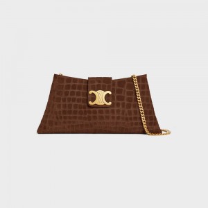 Celine Wiltern Clutch Soft In Crocodile Embossed Suede Calfskin Triomphe Bruin | CL-593176