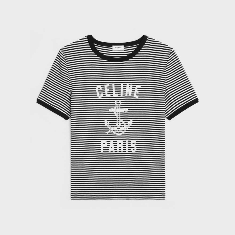 Celine 70 S Anchor In Gestreept Jersey T-shirt Wit Zwart | CL-592777