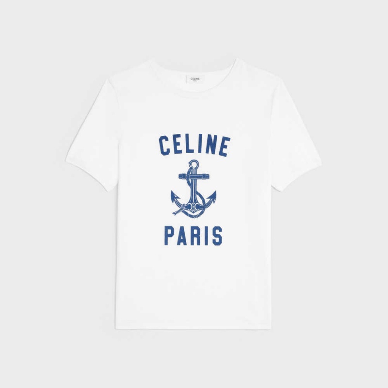 Celine 70 S Anchor In Katoenen Jersey T-shirt Wit Donkerblauw | CL-592778