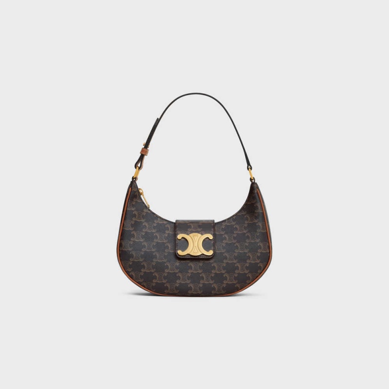 Celine Ava Triomphe Soft Bag In And Calfskin Triomphe Canvas Bruin | CL-593107