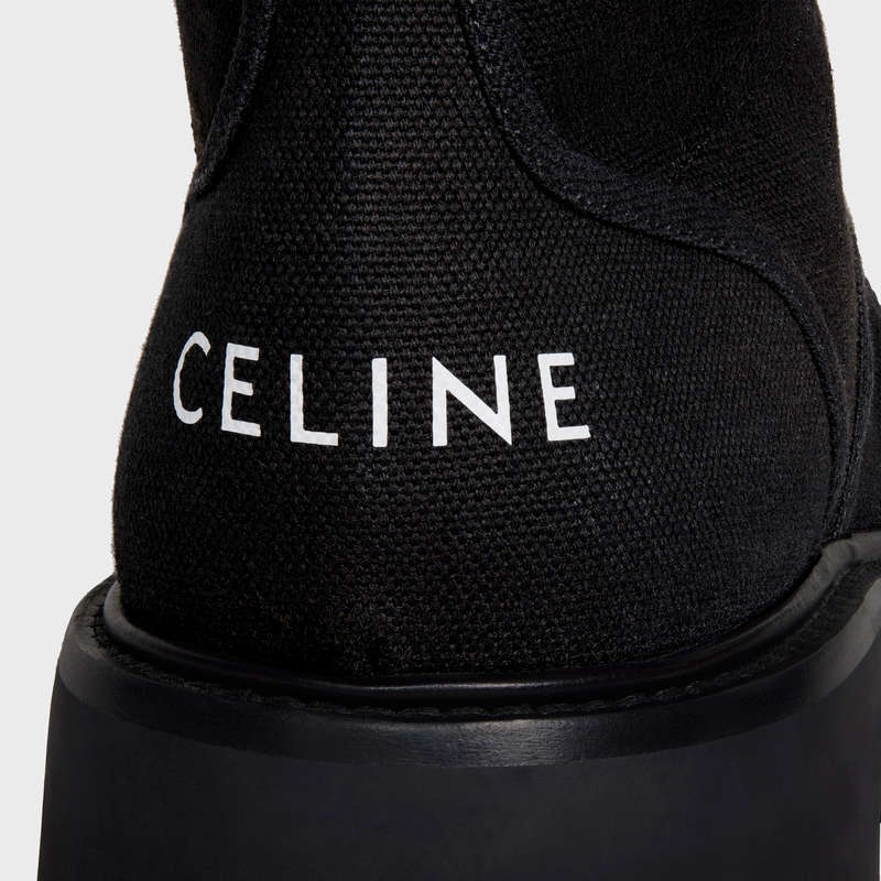 Celine Bulky Kanten-up In Canvas & Shiny Bull Laarzen Zwart | CL-591877