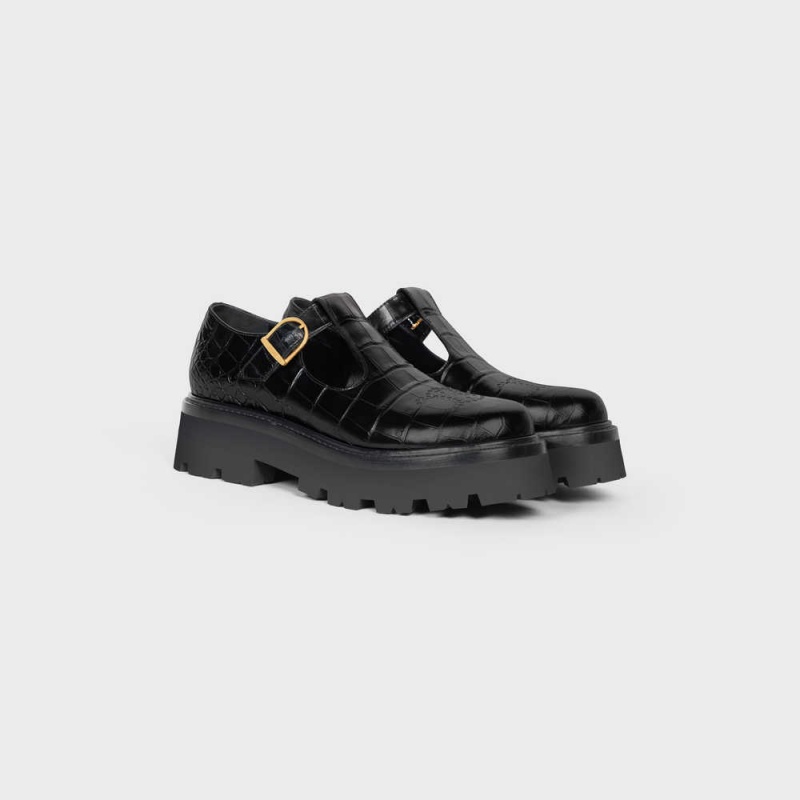 Celine Bulky Triomphe Perforated Babies In Crocodile Stamped Calfskin Loafers Zwart | CL-592532