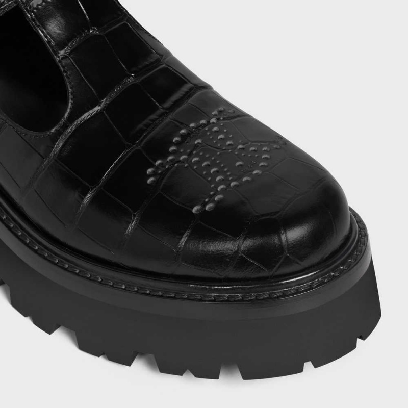 Celine Bulky Triomphe Perforated Babies In Crocodile Stamped Calfskin Loafers Zwart | CL-592532