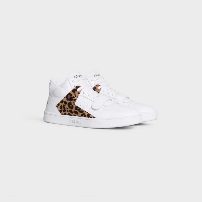 Celine C02 Trainer Mid With Scratch In Calfskin & Leopard Printed Suede Calfskin Sneakers Wit Zwart Bruin | CL-592543