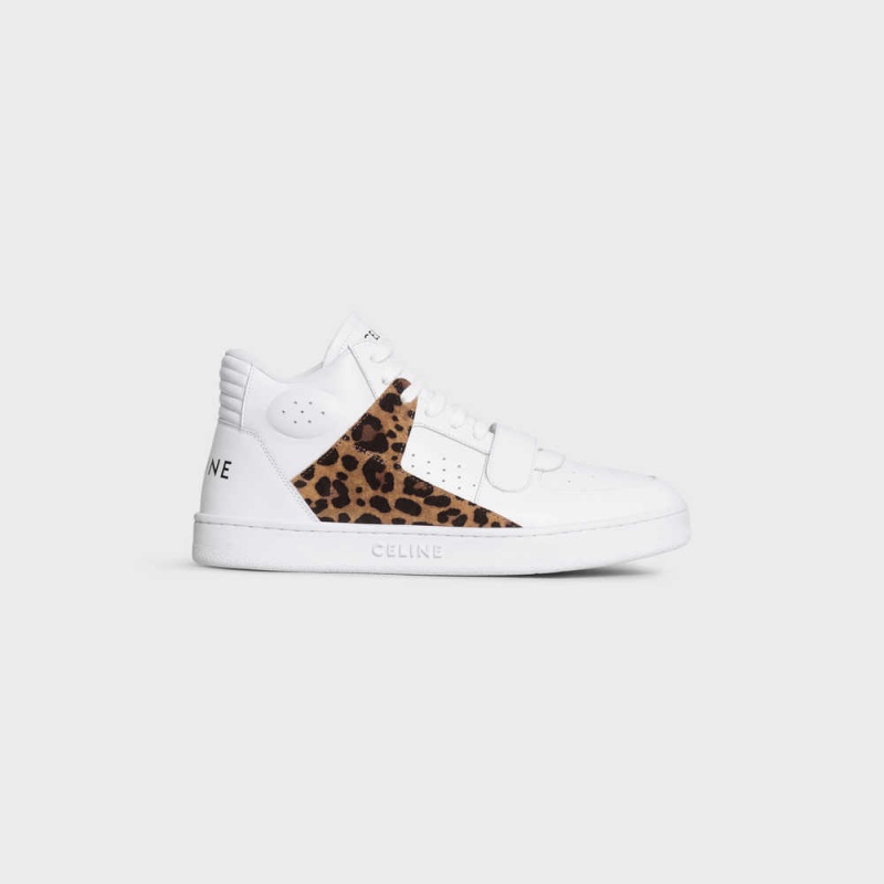 Celine C02 Trainer Mid With Scratch In Calfskin & Leopard Printed Suede Calfskin Sneakers Wit Zwart Bruin | CL-592543