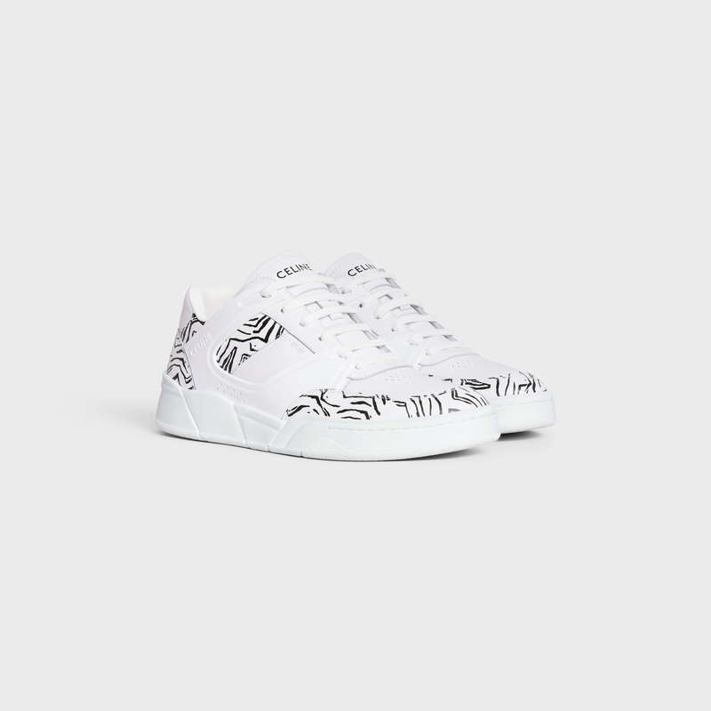 Celine C07 Trainer Low Kanten-up In Calfskin & Zebra Stamped Calfskin Sneakers Wit Zwart | CL-591899