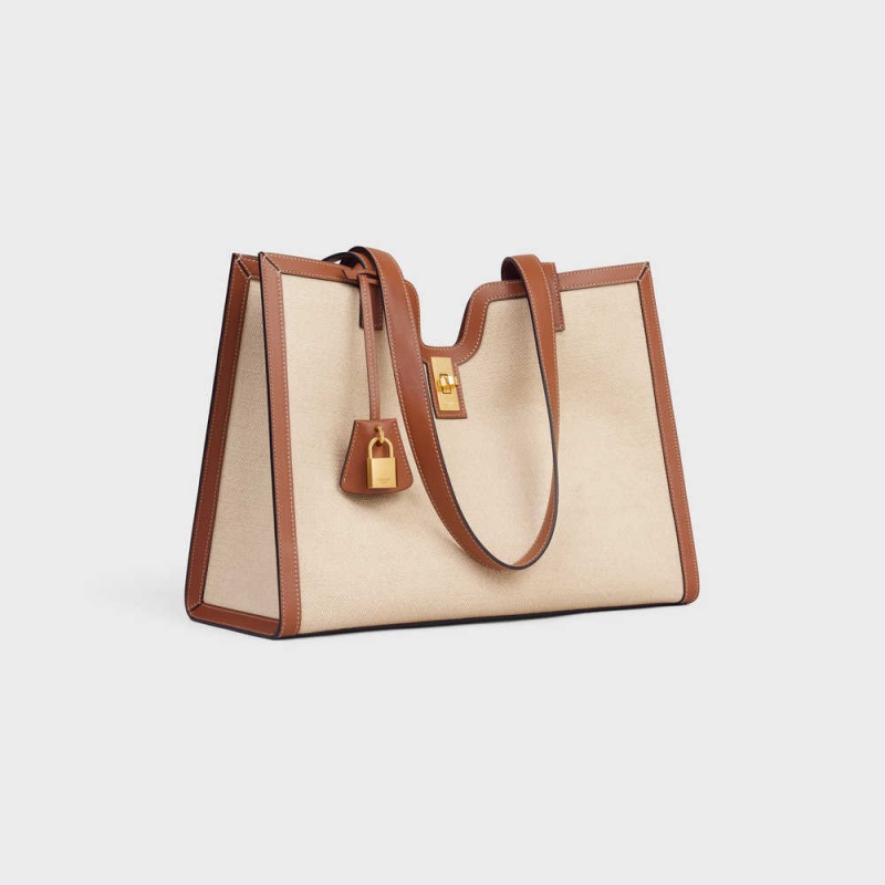 Celine Cabas In Textiel And Calfskin 16 Beige Bruin | CL-593253