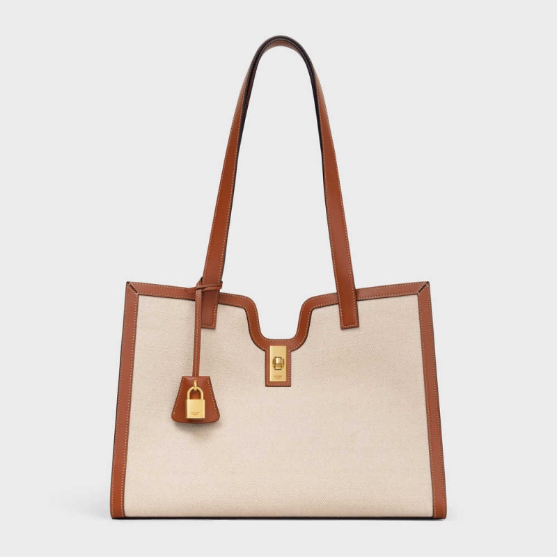 Celine Cabas In Textiel And Calfskin 16 Beige Bruin | CL-593253