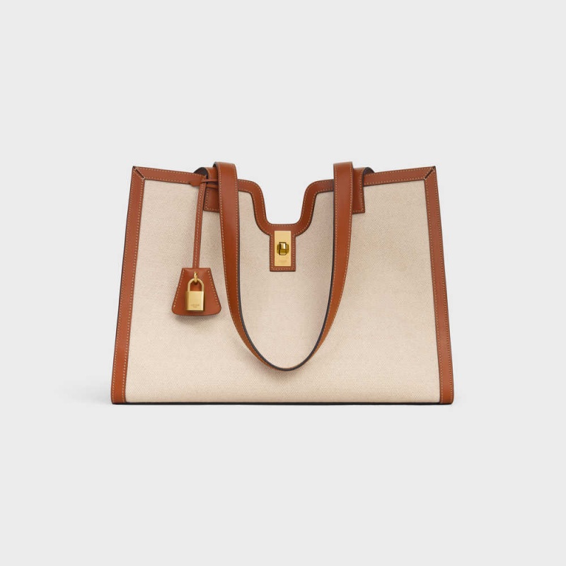 Celine Cabas In Textiel And Calfskin 16 Beige Bruin | CL-593253