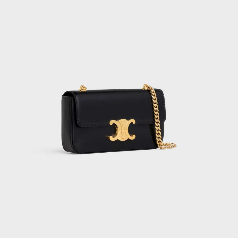 Celine Chain Shoulder Bag In Shiny Calfskin Triomphe Zwart | CL-593226