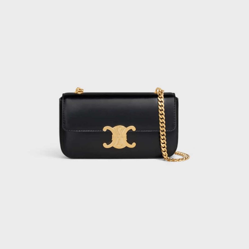 Celine Chain Shoulder Bag In Shiny Calfskin Triomphe Zwart | CL-593226