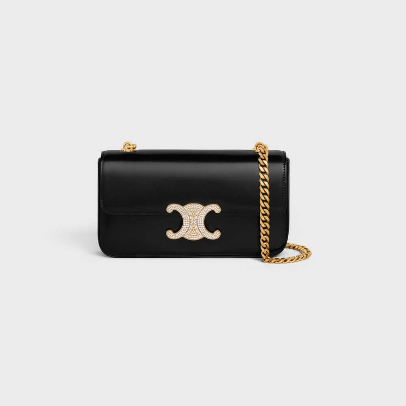 Celine Chain Shoulder Bag With Strass Closure In Shiny Calfskin Triomphe Zwart | CL-593231