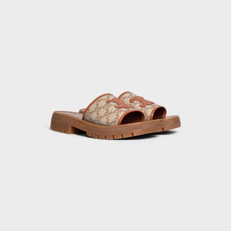 Celine Clea Triomphe Badslippers In Triomphe Stamped Canvas & Calfskin Sandalen Bruin Beige | CL-592569