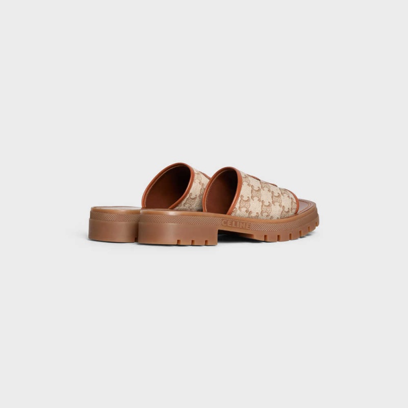 Celine Clea Triomphe Badslippers In Triomphe Stamped Canvas & Calfskin Sandalen Bruin Beige | CL-592569