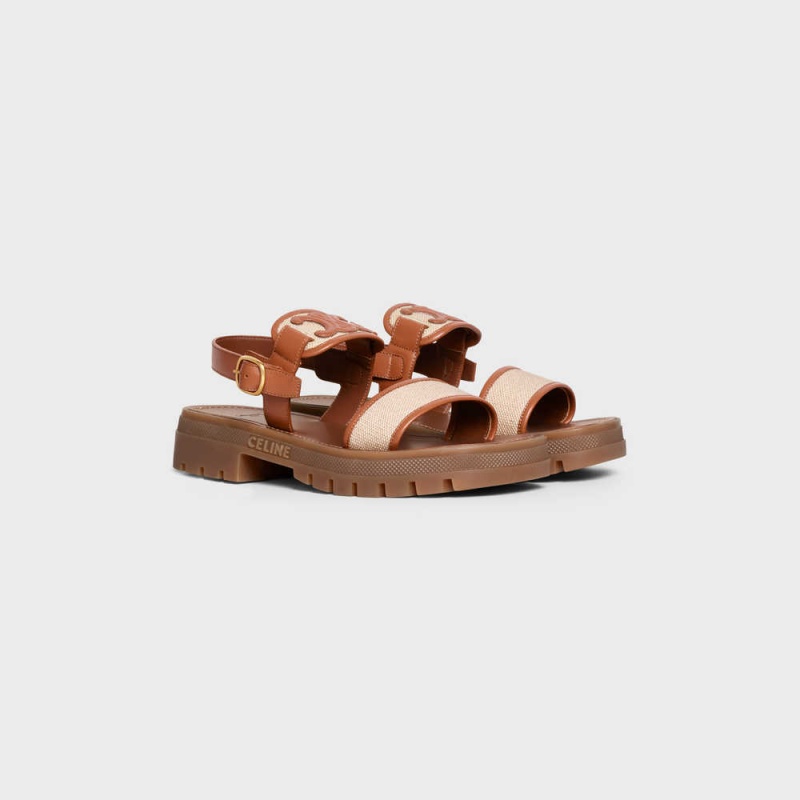 Celine Clea Triomphe In Calfskin - Vegetal Tanning & Canvas Sandalen Bruin Donkerbeige | CL-592571