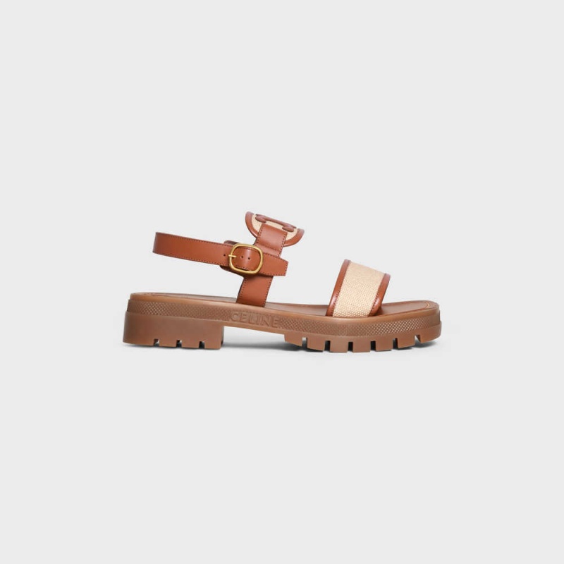 Celine Clea Triomphe In Calfskin - Vegetal Tanning & Canvas Sandalen Bruin Donkerbeige | CL-592571