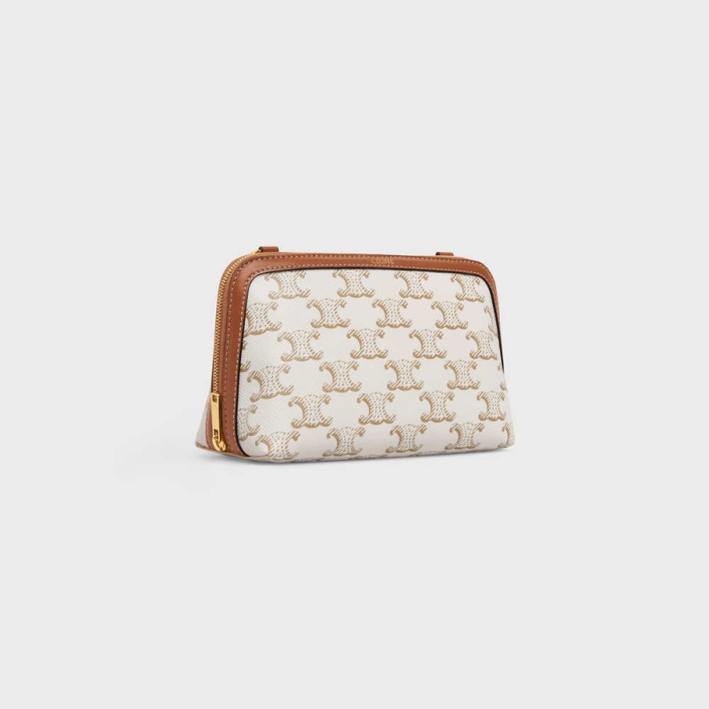 Celine Clutch With Chain In Triomphe Canvas And Lambskin Mini Tassen Wit Bruin | CL-593032