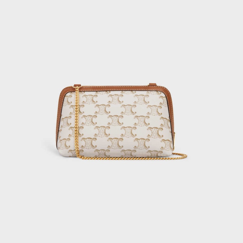 Celine Clutch With Chain In Triomphe Canvas And Lambskin Mini Tassen Wit Bruin | CL-593032