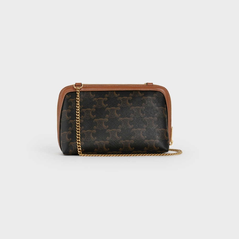 Celine Clutch With Chain In Triomphe Canvas And Lambskin Mini Tassen Bruin | CL-593031