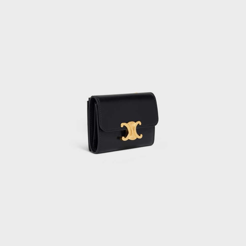 Celine Compact With Coin Triomphe In Shiny Calfskin Portefeuille Zwart | CL-592979