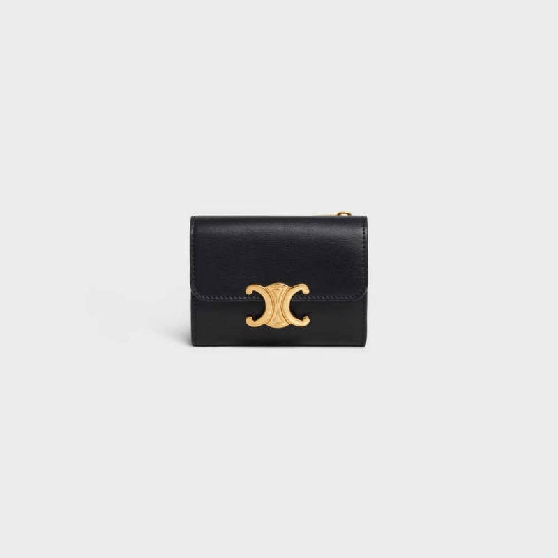 Celine Compact With Coin Triomphe In Shiny Calfskin Portefeuille Zwart | CL-592979