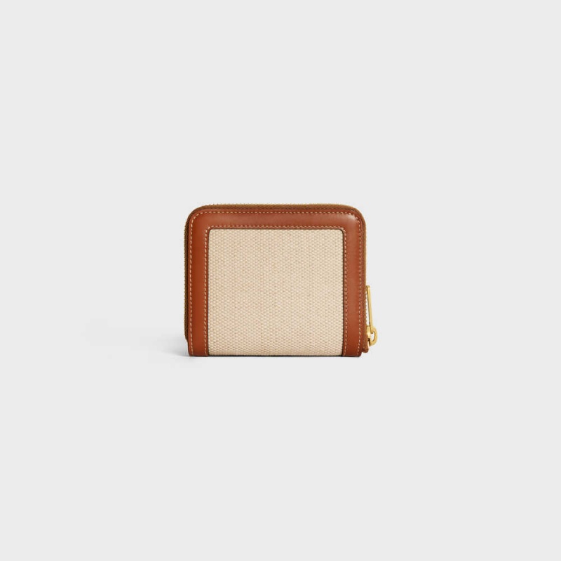 Celine Compact Zipped Cuir Triomphe In Textiel And Calfskin Portefeuille Beige Bruin | CL-592997