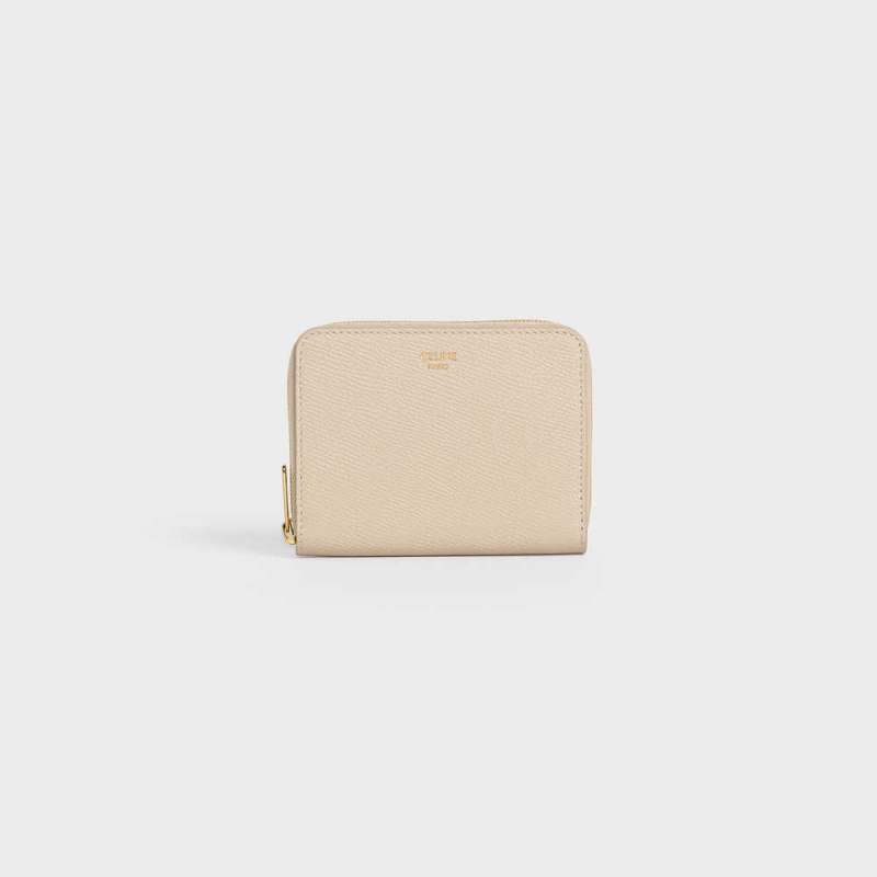 Celine Compact Zipped In Grained Calfskin Portefeuille Beige | CL-592999