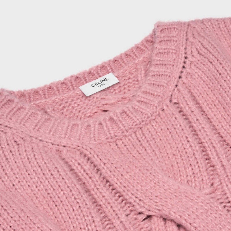 Celine Crew Neck In Cable-knit Cashmere And Silk Gebreide Kleding Roze | CL-592707