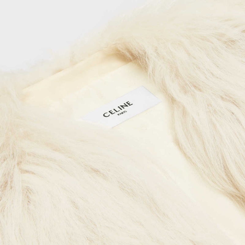 Celine Crew Neck In Long Goat Hair Leather Beige | CL-592609